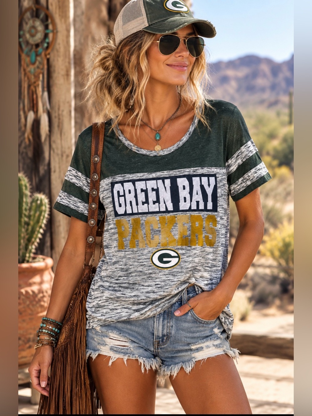 NFL Green Bay Packers Women’s Short Sleeve Logo Tee - Green/Gold/Gray